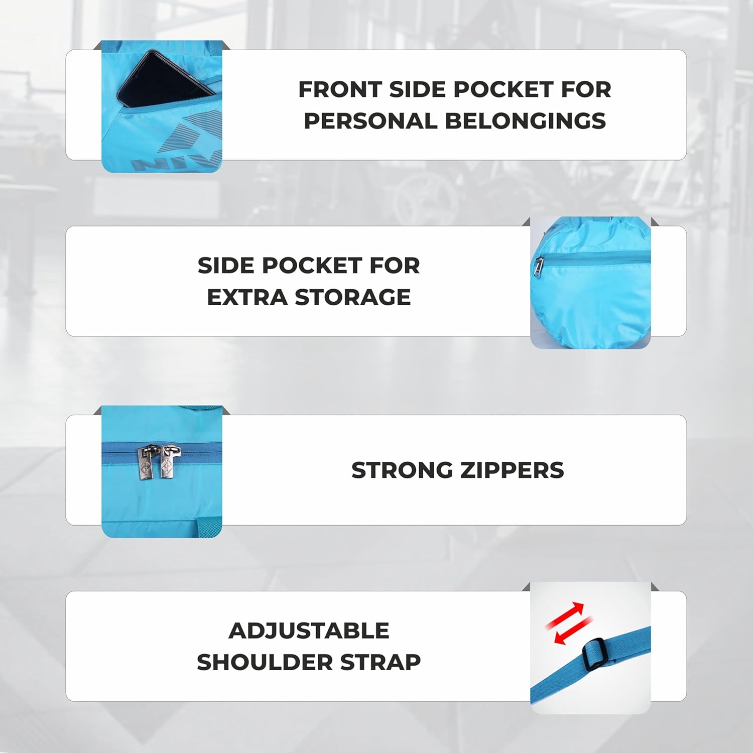 Nivia Deflate 2.0 Gym & Duffle Bag for Men & Women, Fitness & Sports Bag with Adjustable Shoulder Strap, Spacious Main Compartment, Ideal for Travel, Workout, Training (Sky Blue-Grey), Capacity-18L - Image 8