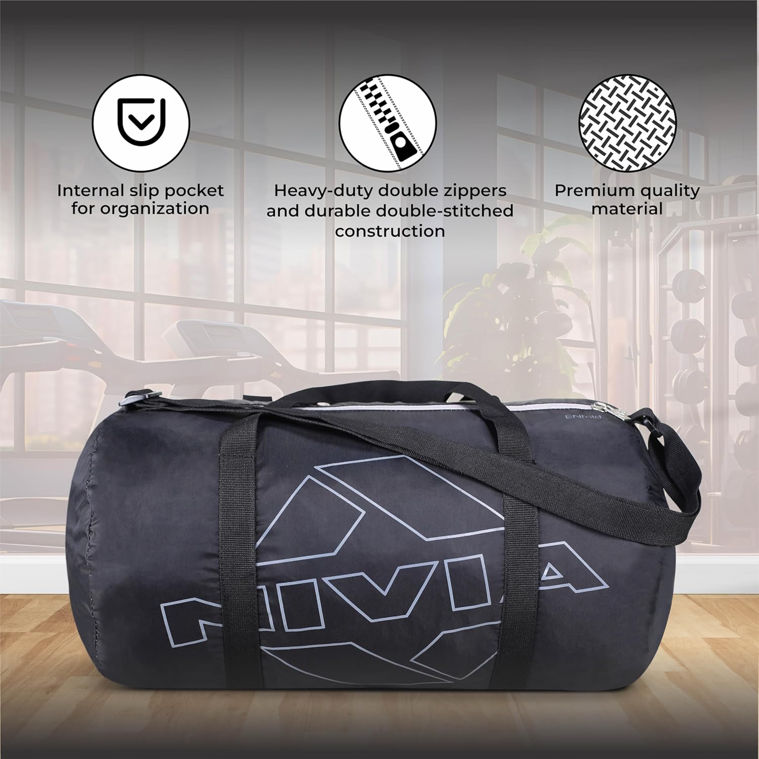NIVIA Enfold-01 Round Bag Polyester, Unisex Gym Bags, Shoulder Bag with Separate Shoes Compartment, Carry Gym Accessories, Sports Kit (Black, Grey),Capacity-22 litres - Image 3