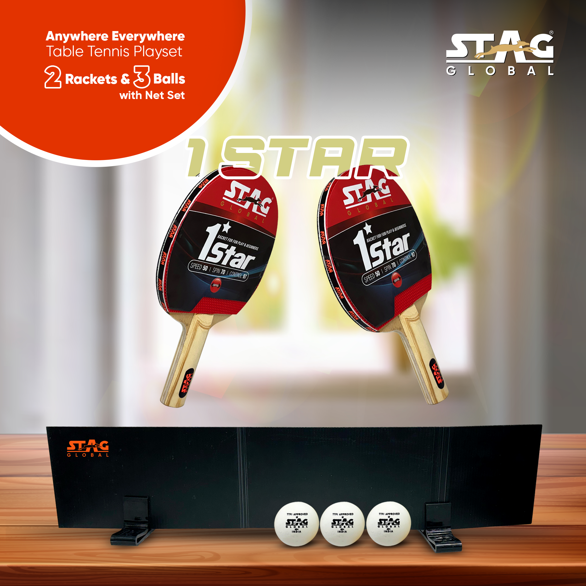 STAG GLOBAL Anywhere Everywhere Table Tennis Playset 2 Rackets & 3 Balls (Ball Colour - White) - Image 6