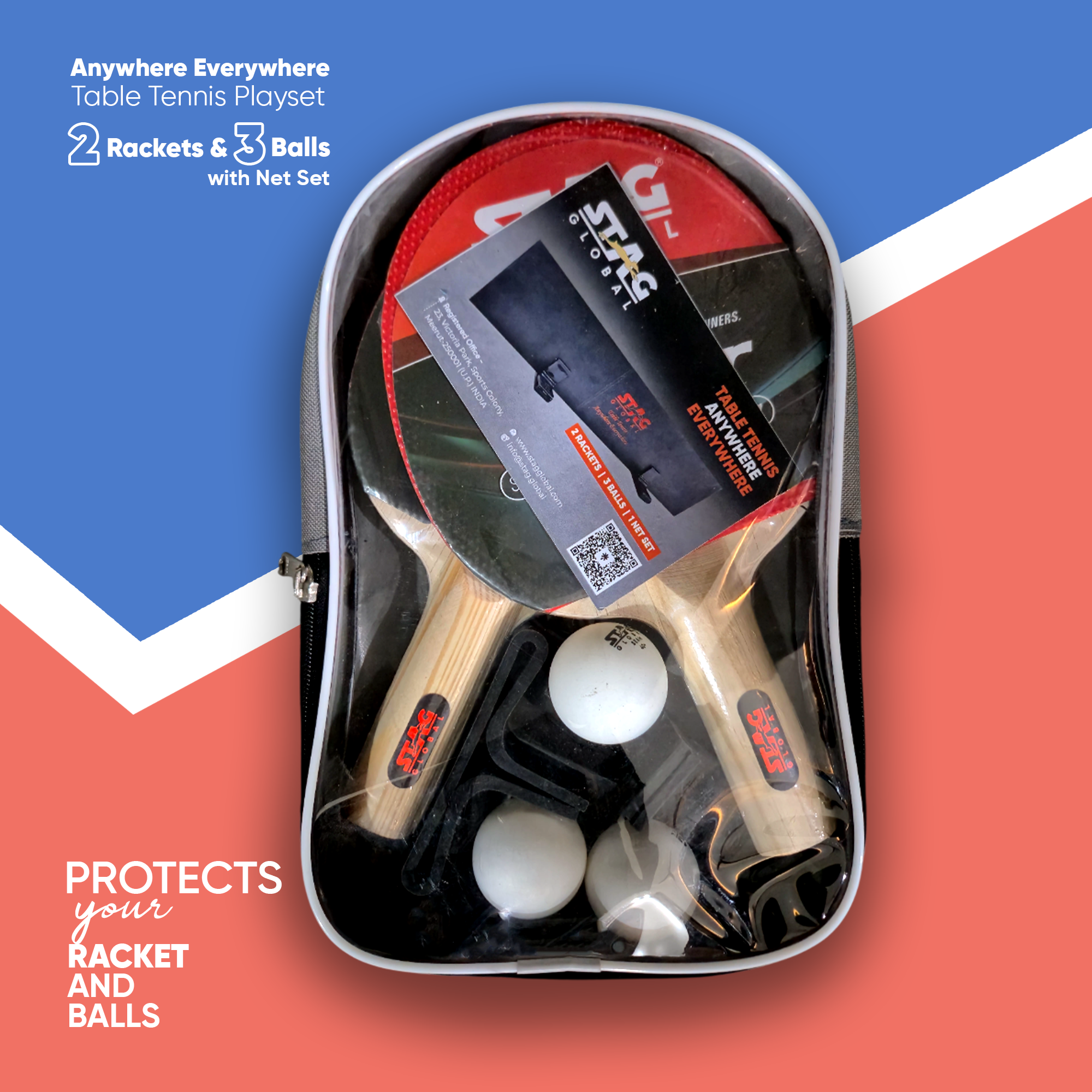 STAG GLOBAL Anywhere Everywhere Table Tennis Playset 2 Rackets & 3 Balls (Ball Colour - White) - Image 4