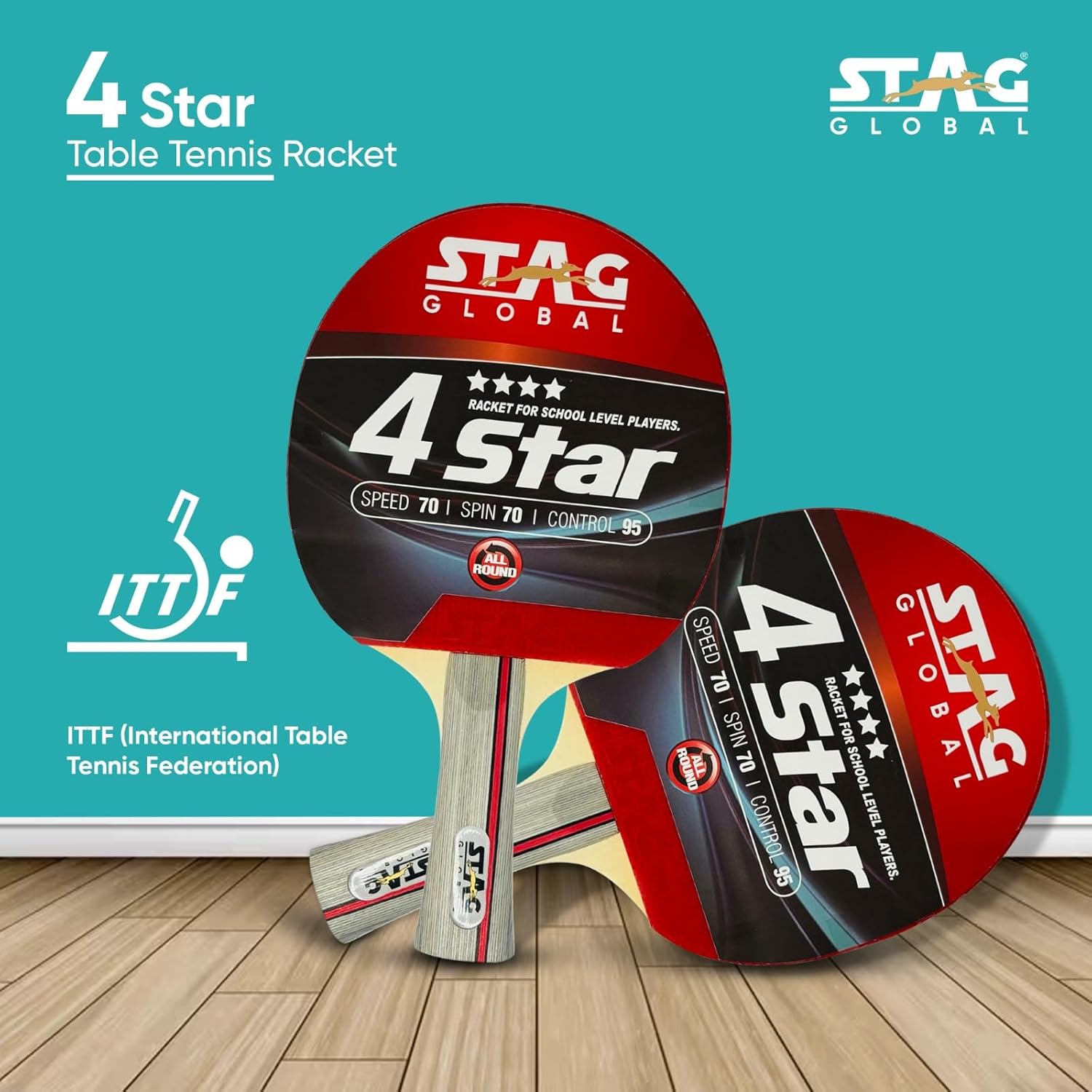 STAG GLOBAL 4 Star Table Tennis Racket | Speed 70 | Spin 70 | Control 95 | ITTF Approved Rubber - Image 3