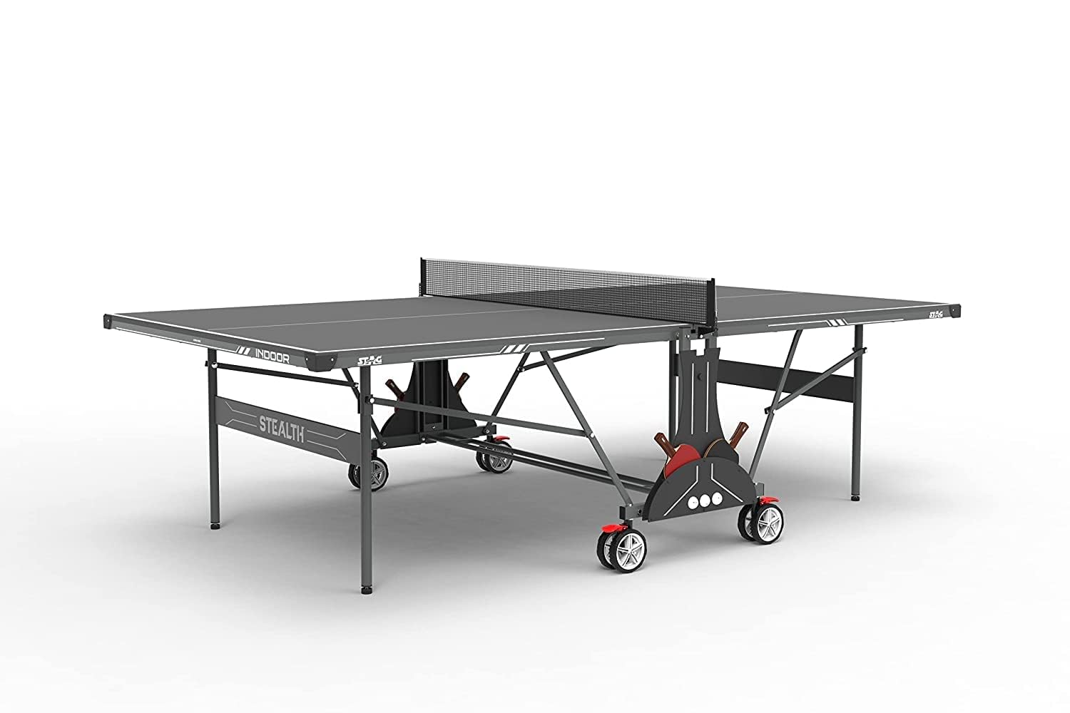 STAG GLOBAL Stealth Table Tennis (T.T) Table | 18mm Black Top Professional Table with 2 TT Rackets, 6 Balls, 1 Table Cover & Clamp Net