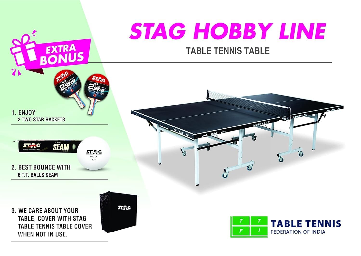 STAG GLOBAL Hobby Line 19mm Full-Size Table Tennis Table | with 2 TT Rackets | 6 Balls | 1 Table Cover | Clamp Net - Image 5