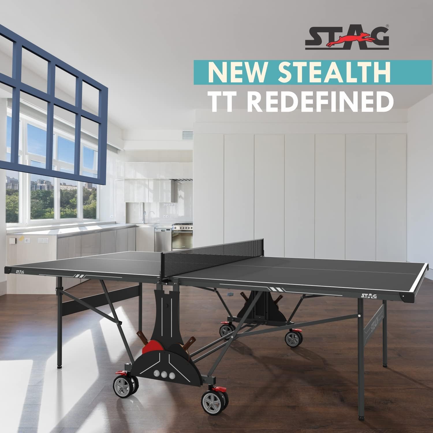 STAG GLOBAL Stealth Table Tennis (T.T) Table | 18mm Black Top Professional Table with 2 TT Rackets, 6 Balls, 1 Table Cover & Clamp Net - Image 3