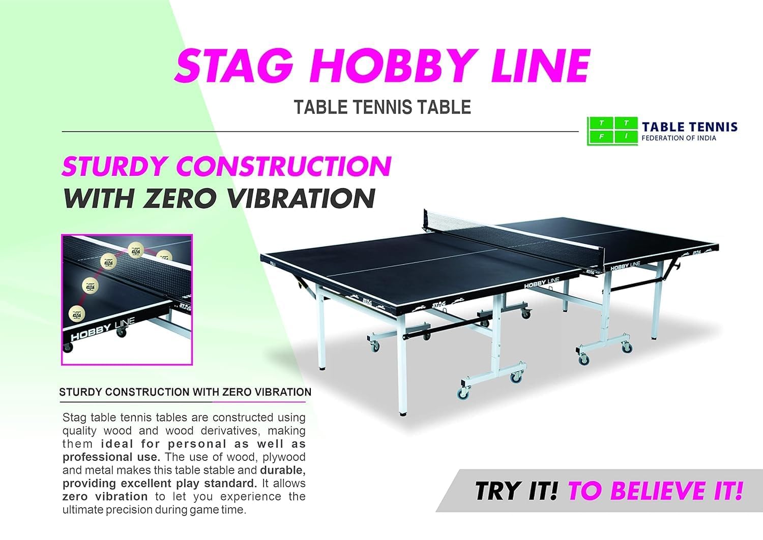 STAG GLOBAL Hobby Line 19mm Full-Size Table Tennis Table | with 2 TT Rackets | 6 Balls | 1 Table Cover | Clamp Net - Image 6