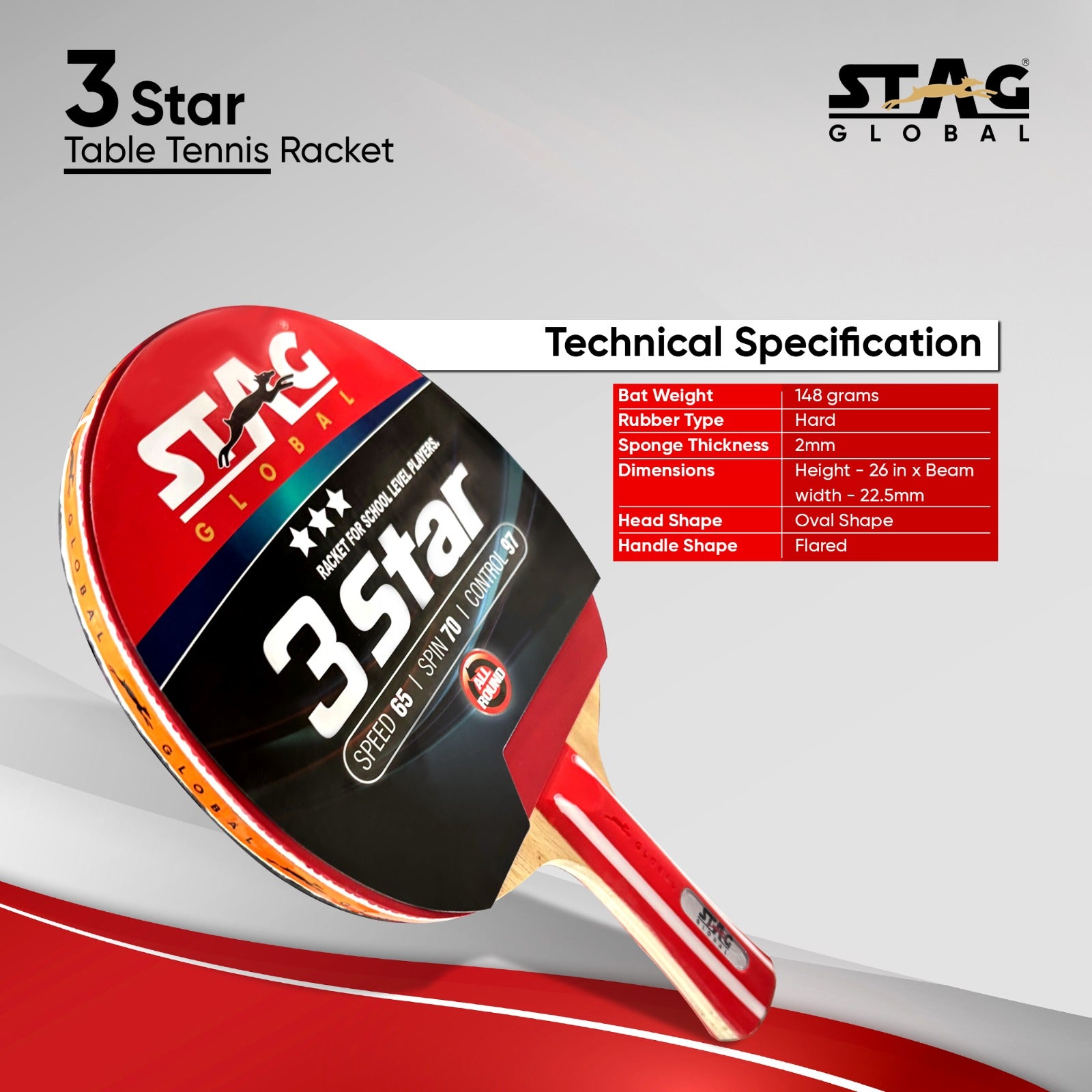 STAG GLOBAL 3 Star Table Tennis Racket | Beginner-Intermediate Series T.T Racket - Image 3
