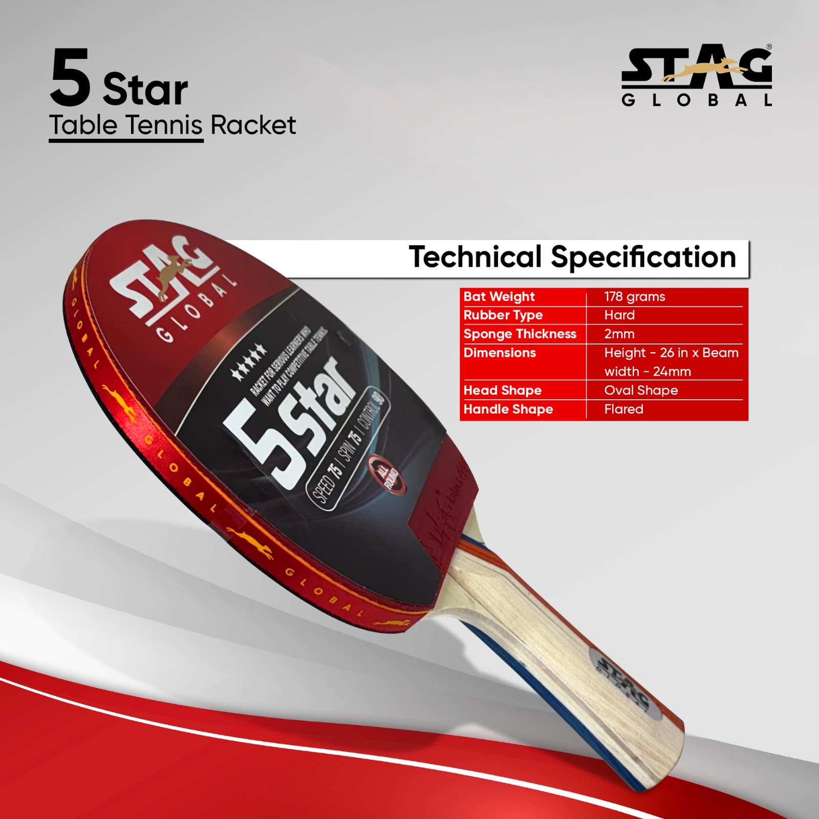 STAG GLOBAL 5 Star Table Tennis (T.T) Racket | Premium ITTF Approved Rubber| Beginner-Intermediate Series T.T Racket - Image 3