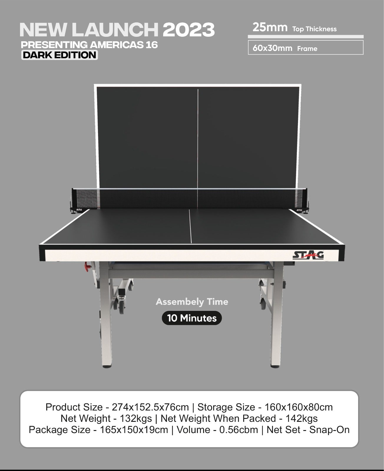 STAG GLOBAL Americas 16 Table Tennis Table 25mm Top (ITTF-Approved) Table with 2 TT Rackets, 6 Balls, 1 Table Cover & Clamp Net - Image 9