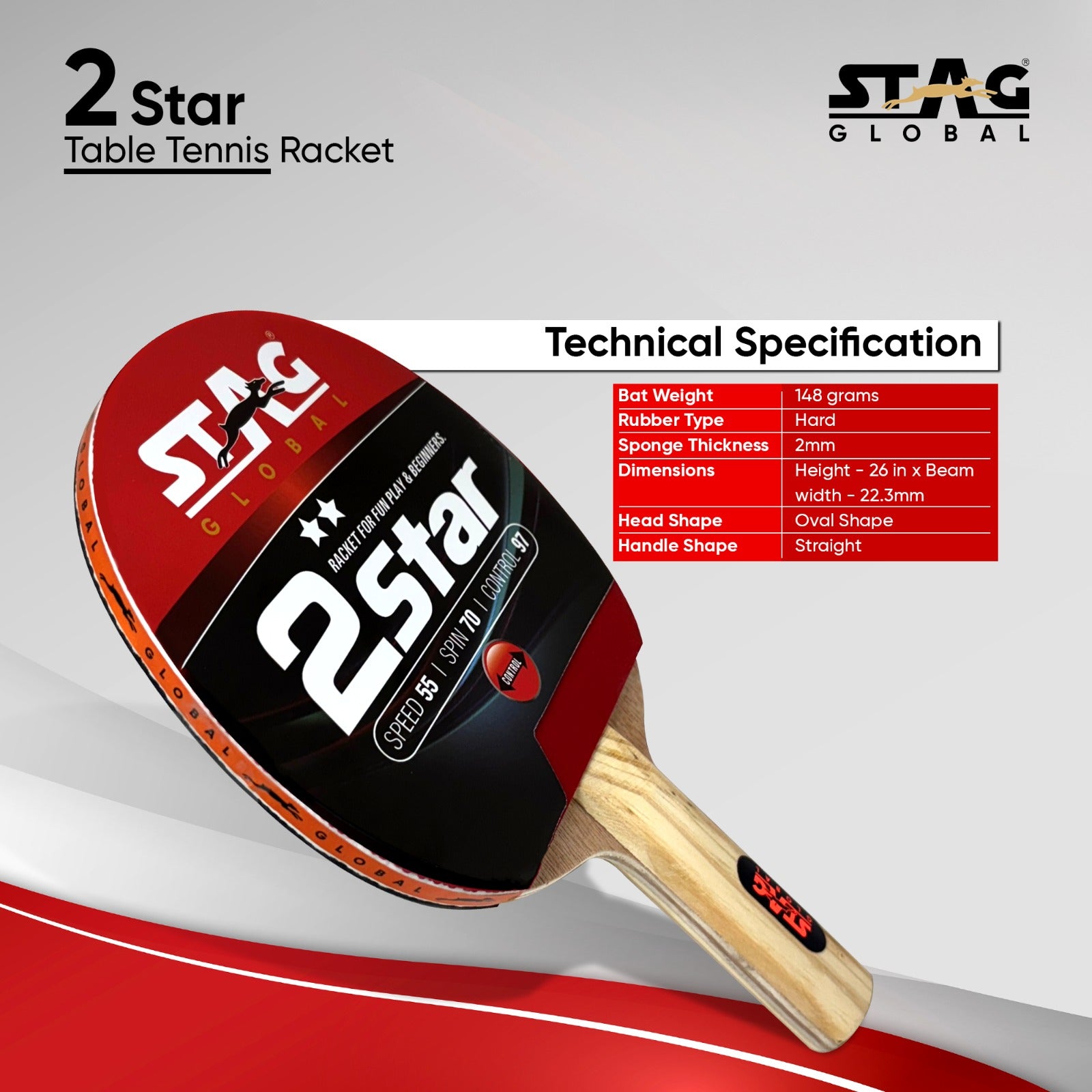 STAG GLOBAL 2 Star Table Tennis Racket | 190 Grams | Beginner | Ergonomic Handle & Grip | High Spin & Control - Image 3
