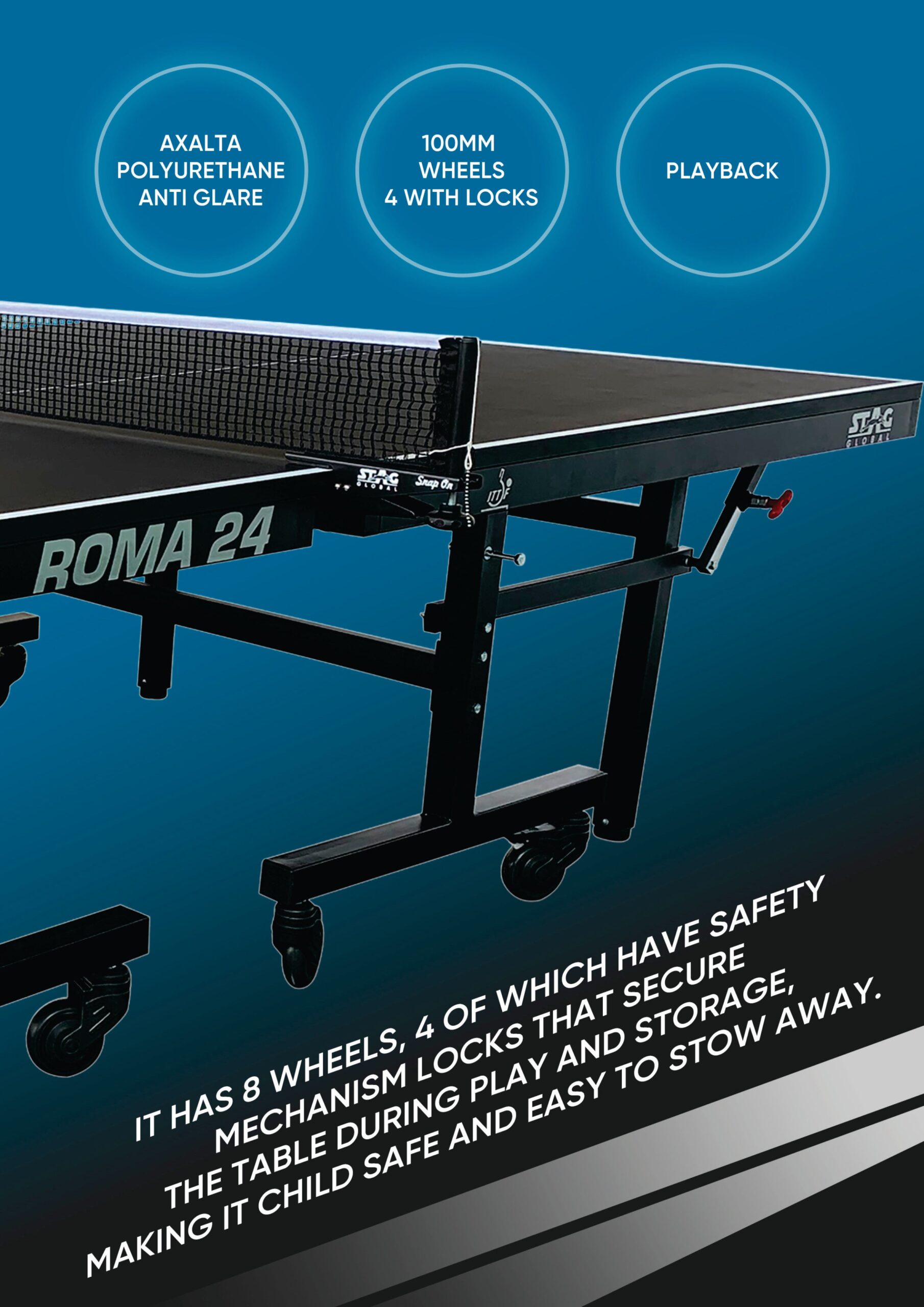 STAG GLOBAL Roma 24 Table Tennis Table | World Masters Championship Black TT Table | 2 TT Rackets, 6 Balls, Clamp Net And 1 Cover - Image 5
