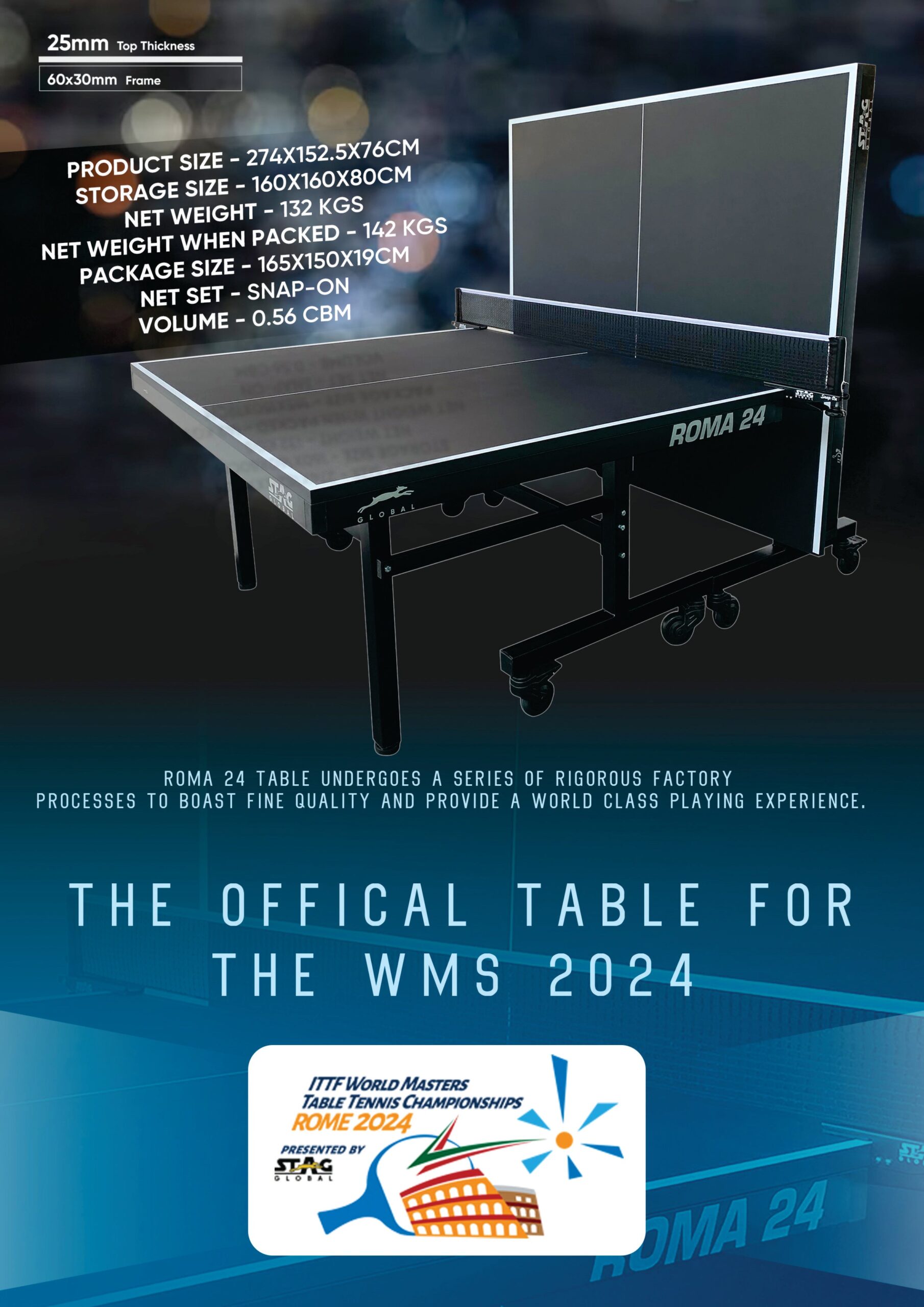 STAG GLOBAL Roma 24 Table Tennis Table | World Masters Championship Black TT Table | 2 TT Rackets, 6 Balls, Clamp Net And 1 Cover - Image 4